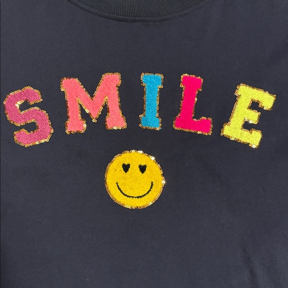 Navy Smile Graphic Sweatshirt Sequin Accent Oversized 3/4 Sleeves Blue Size M - Picture 5 of 6